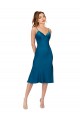 Pfauenblau A-Linien V-Ausschnitt Midi Seidiger Satin Kurze Brautjungfernkleider / Abiballkleider / Cocktailkleider / Heimkehr Kleider Ausverkauf
