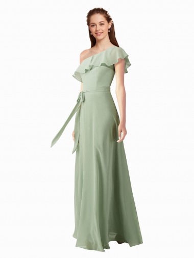 Rauchgrün A-Linien Eine-Schulter Chiffon Lange Brautjungfernkleider Ausverkauf