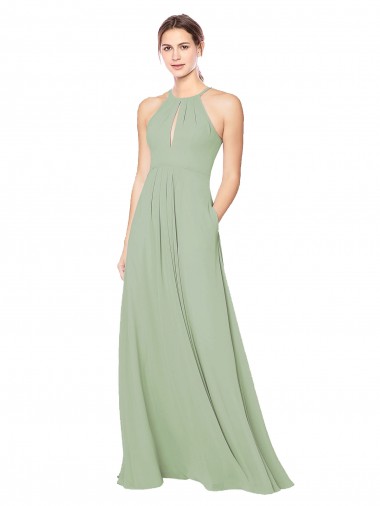 Rauchgrün A-Linien Neckholder Chiffon Lange Brautjungfernkleider Ausverkauf
