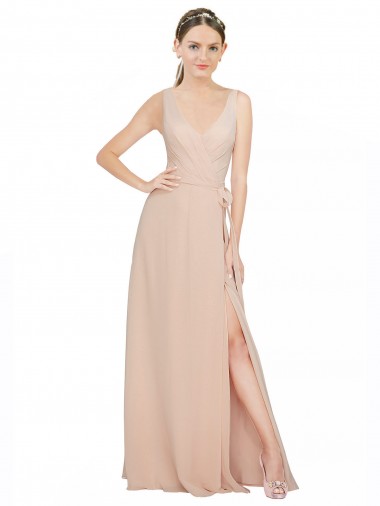 Rosa 114 A-Linien V-Ausschnitt Chiffon Lange Brautjungfernkleider Ausverkauf