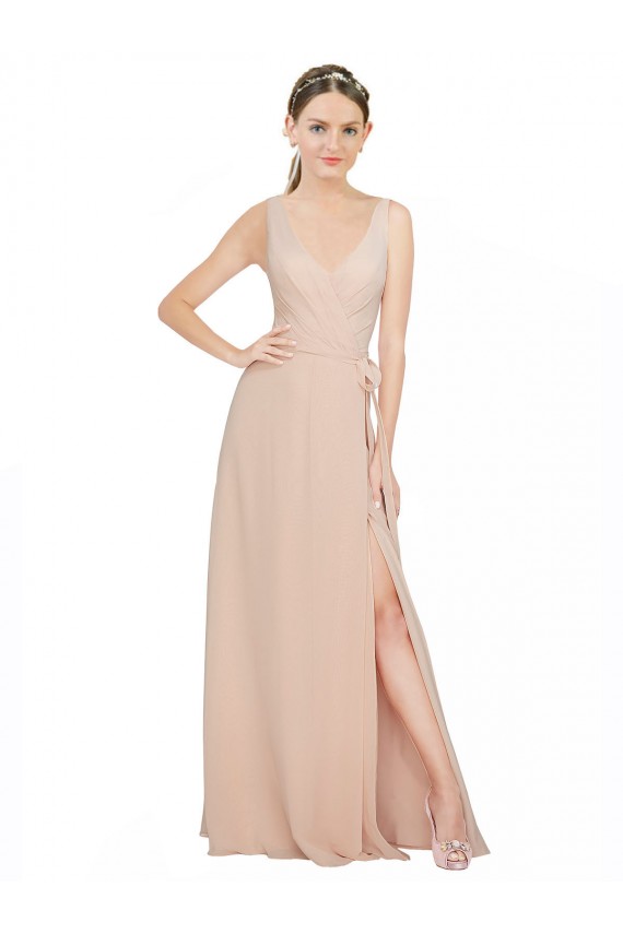 Rosa 114 A-Linien V-Ausschnitt Chiffon Lange Brautjungfernkleider Ausverkauf