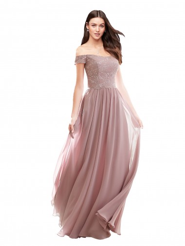 Rosa 147 A-Linien Off-Schulter Chiffon Spitze Lange Brautjungfernkleider Ausverkauf