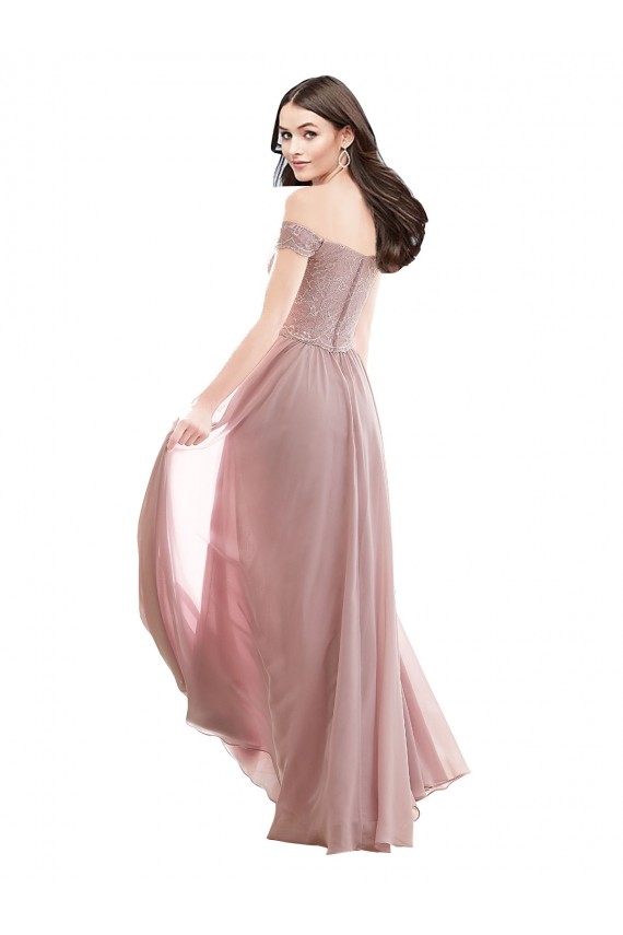Rosa 147 A-Linien Off-Schulter Chiffon Spitze Lange Brautjungfernkleider Ausverkauf