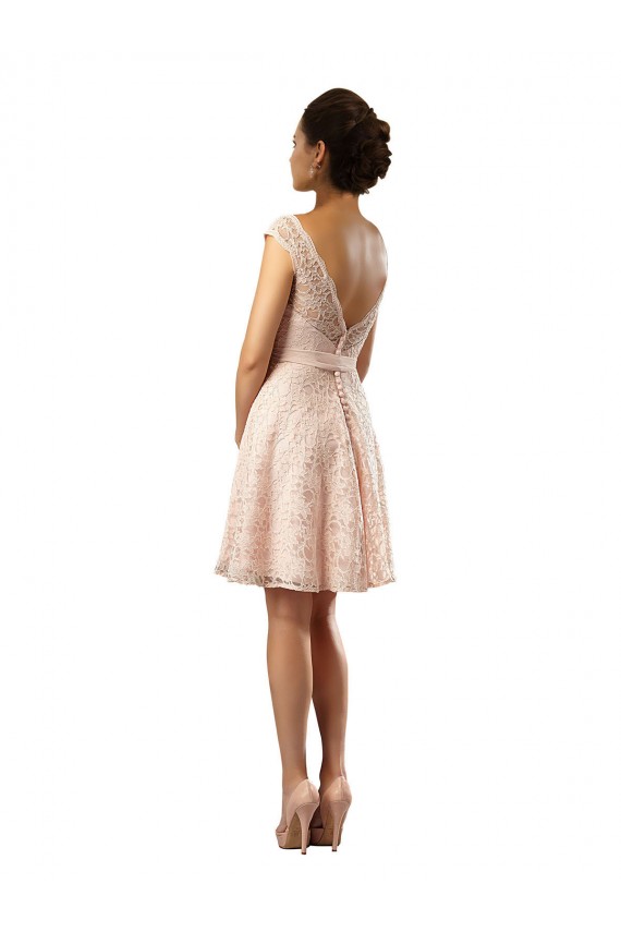 Rosa A-Linien Illusion Ausschnitt Knielang Chiffon Spitze Kurze Brautjungfernkleider Ausverkauf