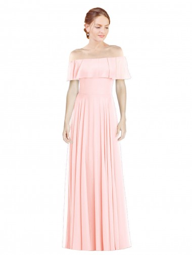Rosa A-Linien Off-Schulter Quadrat Ausschnitt Chiffon Lange Brautjungfernkleider Ausverkauf