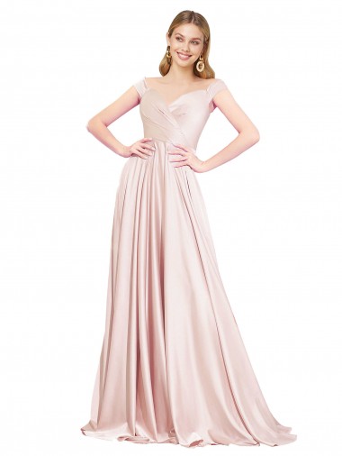 Rosa A-Linien Off-Schulter Satin Lange Formale Brautjungfernkleider / Abendkleider / Abiballkleider Ausverkauf