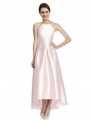 Rosa A-Linien Spaghetti-Träger Neckholder Satin Lange Brautjungfernkleider Ausverkauf
