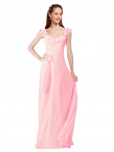 Rosa A-Linien V-Ausschnitt Chiffon Lange Brautjungfernkleider Ausverkauf