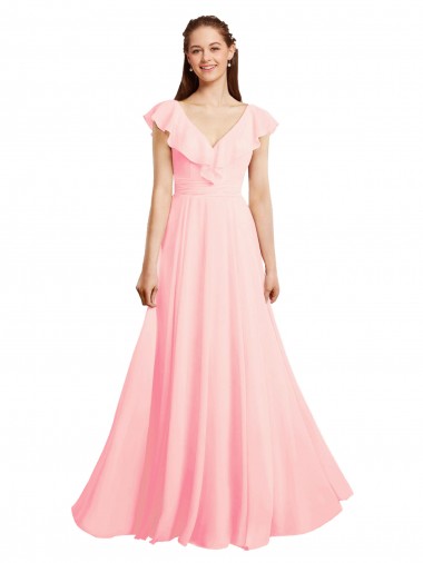 Rosa A-Linien V-Ausschnitt Chiffon Lange Brautjungfernkleider Ausverkauf