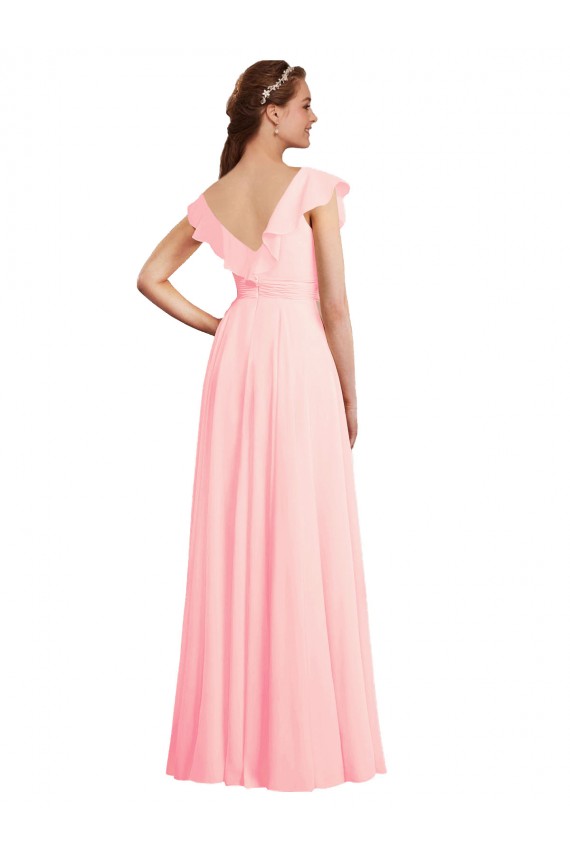 Rosa A-Linien V-Ausschnitt Chiffon Lange Brautjungfernkleider Ausverkauf