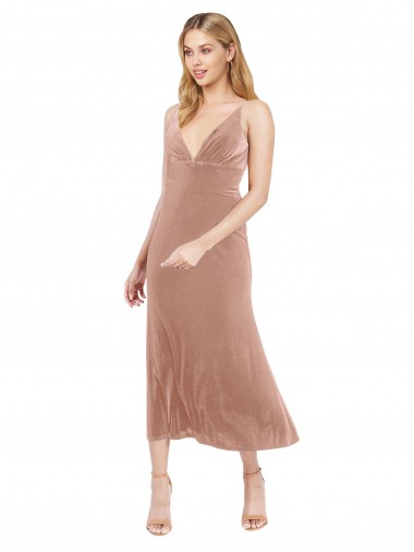 Rosa A-Linien V-Ausschnitt Midi Stretch-Samt Kurze Brautjungfernkleider / Abiballkleider / Cocktailkleider / Heimkehr Kleider Ausverkauf