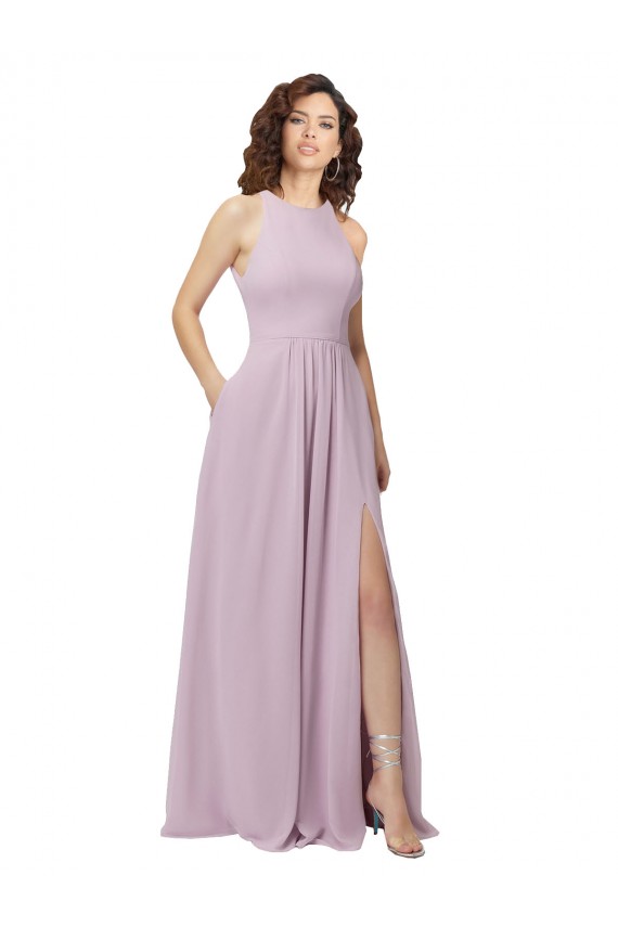 Rosa Leuchten A-Linien Neckholder Stehkragen Ausschnitt Chiffon Lange Brautjungfernkleider Ausverkauf