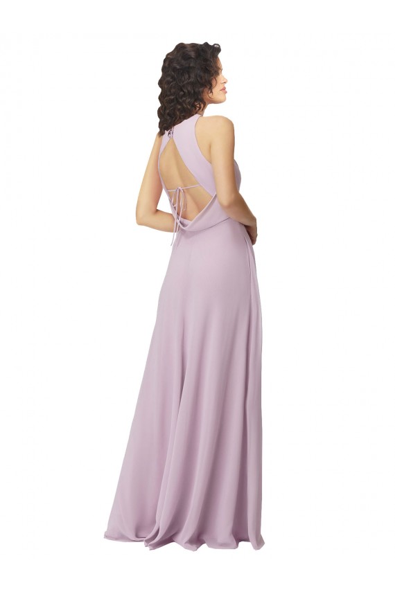 Rosa Leuchten A-Linien Neckholder Stehkragen Ausschnitt Chiffon Lange Brautjungfernkleider Ausverkauf