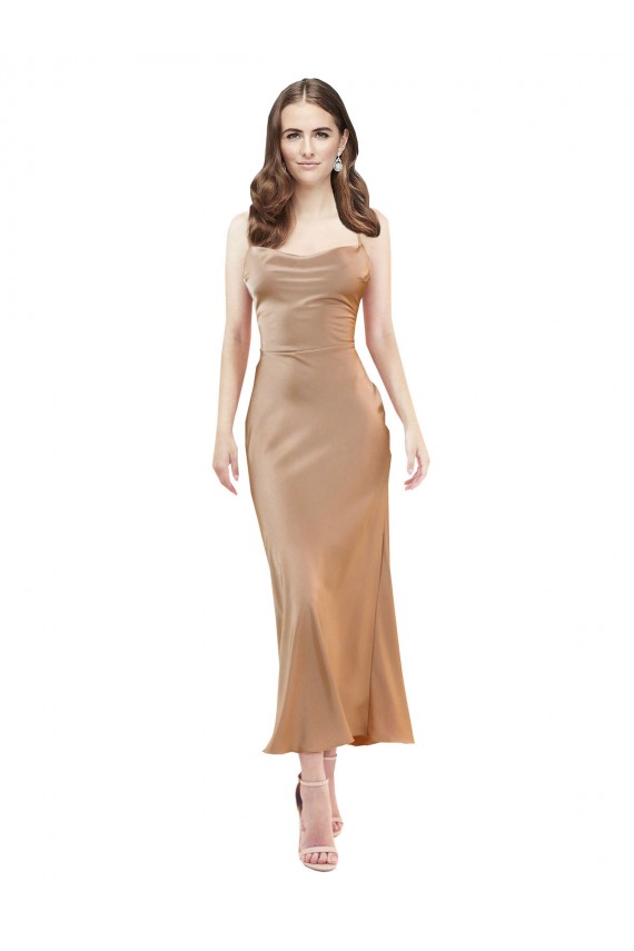 Roségold Etui Haube Ausschnitt Midi Seidiger Satin Kurze Formale Brautjungfernkleider / Abendkleider / Abiballkleider / Cocktailkleider / Heimkehr Kleider Ausverkauf