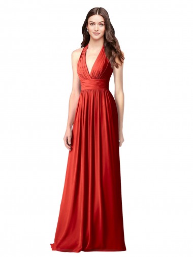 Rot A-Linien Neckholder V-Ausschnitt Chiffon Lange Brautjungfernkleider Ausverkauf