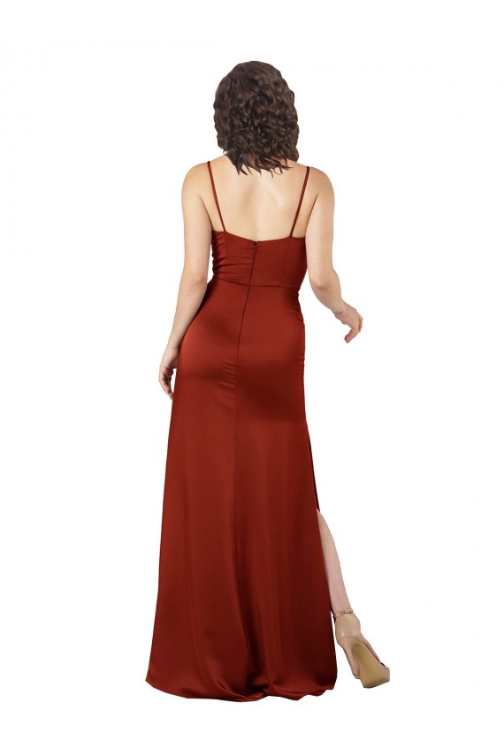 Rot A-Linien Spaghetti-Träger Quadrat Ausschnitt Seidiger Satin Lange Formale Brautjungfernkleider / Abendkleider / Abiballkleider Ausverkauf
