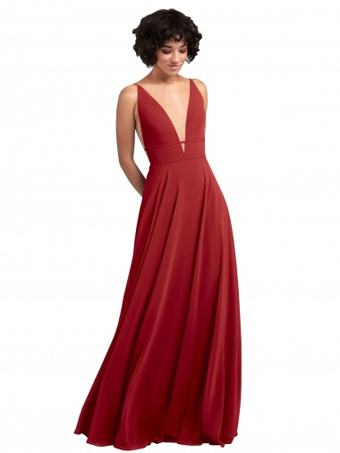 Rot A-Linien V-Ausschnitt Chiffon Lange Brautjungfernkleider Ausverkauf