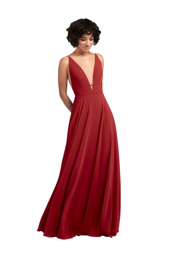 Rot A-Linien V-Ausschnitt Chiffon Lange Brautjungfernkleider Ausverkauf