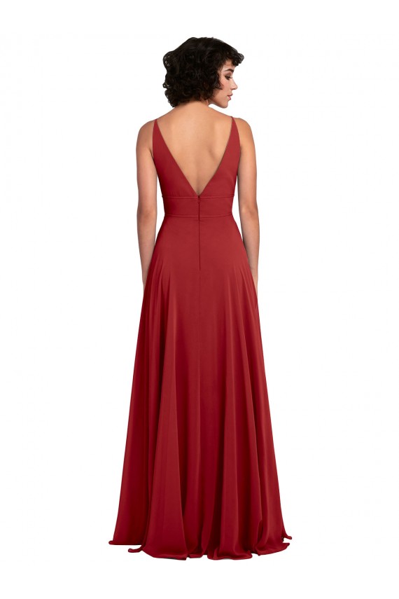 Rot A-Linien V-Ausschnitt Chiffon Lange Brautjungfernkleider Ausverkauf