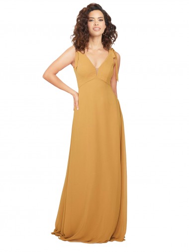 Safran A-Linien V-Ausschnitt Chiffon Lange Brautjungfernkleider Ausverkauf
