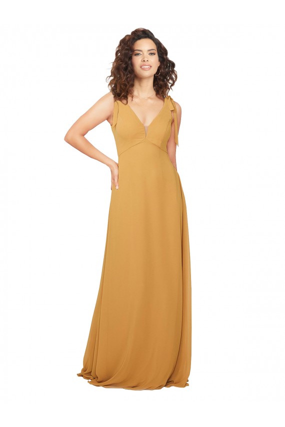 Safran A-Linien V-Ausschnitt Chiffon Lange Brautjungfernkleider Ausverkauf