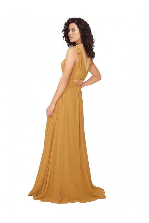 Safran A-Linien V-Ausschnitt Chiffon Lange Brautjungfernkleider Ausverkauf