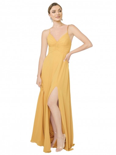 Safran A-Linien V-Ausschnitt Chiffon Lange Brautjungfernkleider Ausverkauf