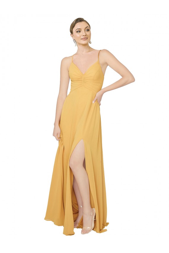 Safran A-Linien V-Ausschnitt Chiffon Lange Brautjungfernkleider Ausverkauf