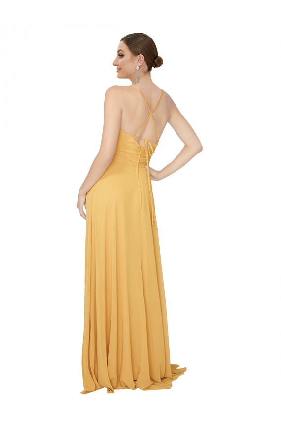 Safran A-Linien V-Ausschnitt Chiffon Lange Brautjungfernkleider Ausverkauf