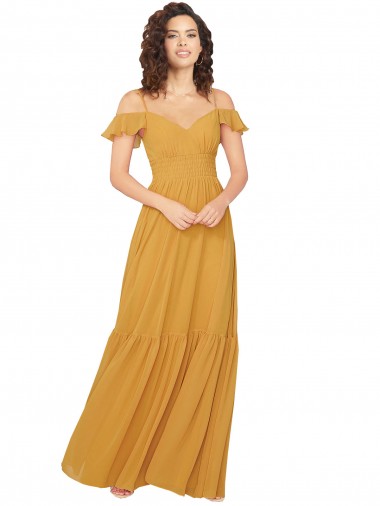 Safran A-Linien V-Ausschnitt Chiffon Lange Brautjungfernkleider Ausverkauf