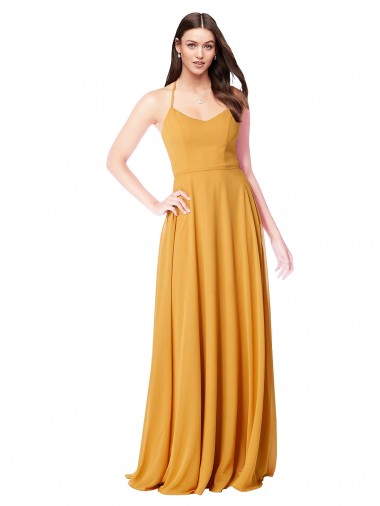 Safran A-Linien V-Ausschnitt Chiffon Lange Brautjungfernkleider Ausverkauf