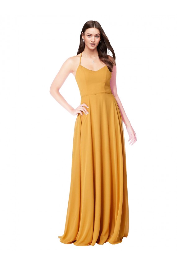 Safran A-Linien V-Ausschnitt Chiffon Lange Brautjungfernkleider Ausverkauf