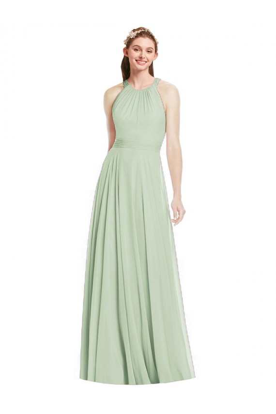 Salbeigrün A-Linien Neckholder Chiffon Lange Brautjungfernkleider Ausverkauf
