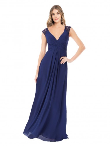 Saphir A-Linien V-Ausschnitt Chiffon Lange Brautjungfernkleider Ausverkauf