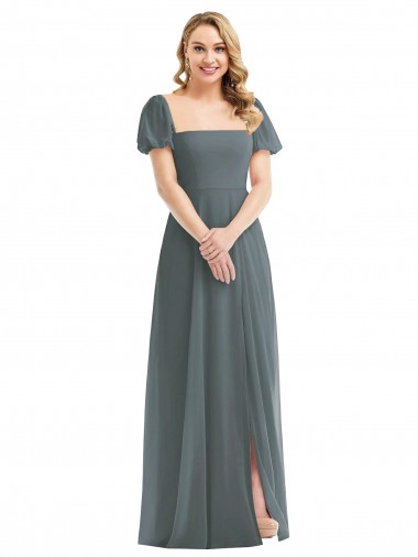 Schiefergrau A-Linien Quadrat Ausschnitt Chiffon Lange Brautjungfernkleider Ausverkauf