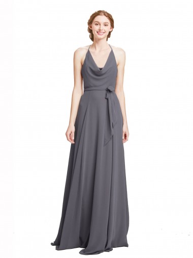 Schiefergrau A-Linien Spaghetti-Träger Neckholder Chiffon Lange Brautjungfernkleider Ausverkauf