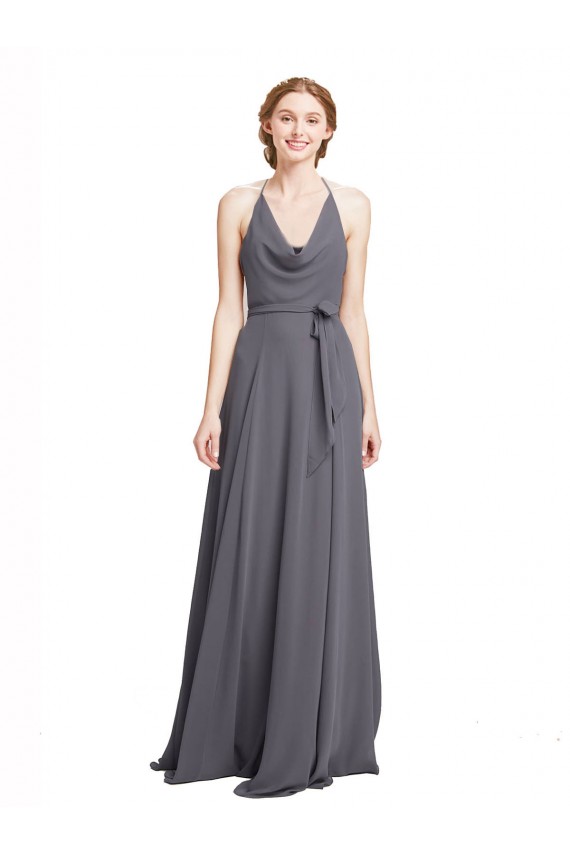 Schiefergrau A-Linien Spaghetti-Träger Neckholder Chiffon Lange Brautjungfernkleider Ausverkauf