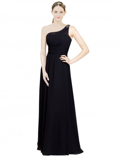 Schwarz A-Linien Eine-Schulter Chiffon Lange Brautjungfernkleider Ausverkauf