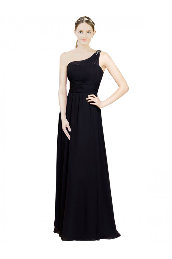 Schwarz A-Linien Eine-Schulter Chiffon Lange Brautjungfernkleider Ausverkauf