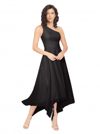 Schwarz A-Linien Eine-Schulter Trägerlos Midi Chiffon Kurze Brautjungfernkleider / Cocktailkleider / Heimkehr Kleider Ausverkauf
