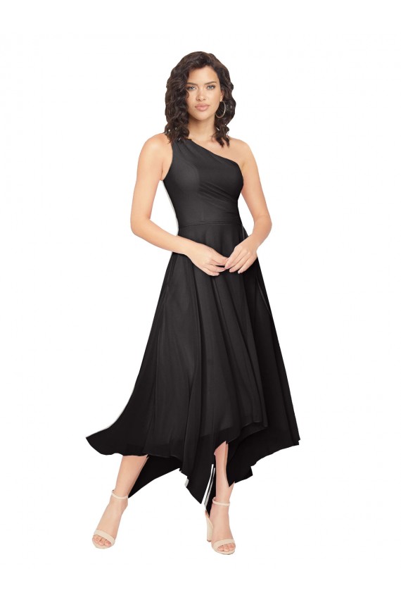 Schwarz A-Linien Eine-Schulter Trägerlos Midi Chiffon Kurze Brautjungfernkleider / Cocktailkleider / Heimkehr Kleider Ausverkauf