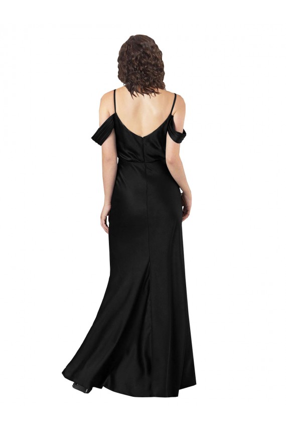 Schwarz A-Linien Off-Schulter Seidiger Satin Lange Formale Brautjungfernkleider / Abendkleider / Abiballkleider Ausverkauf
