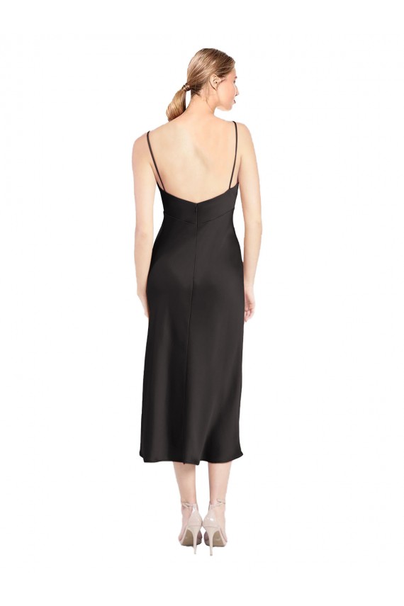 Schwarz A-Linien Spaghetti-Träger Haube Ausschnitt Midi Stretch-Satin Kurze Formale Brautjungfernkleider / Abendkleider / Abiballkleider / Cocktailkleider / Heimkehr Kleider Ausverkauf
