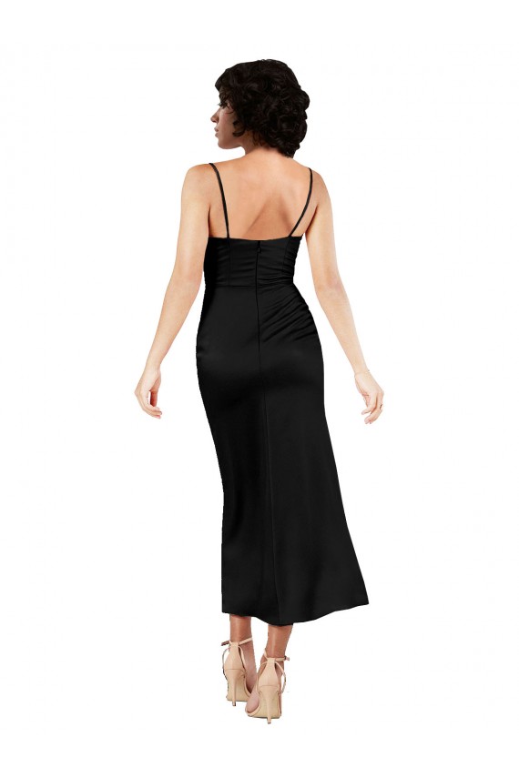 Schwarz A-Linien Spaghetti-Träger Haube Ausschnitt Wadenlang Seidiger Satin Kurze Formale Brautjungfernkleider / Abendkleider / Abiballkleider / Cocktailkleider / Heimkehr Kleider Ausverkauf
