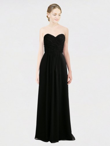 Schwarz A-Linien Trägerlos Chiffon Spitze Lange Brautjungfernkleider Ausverkauf
