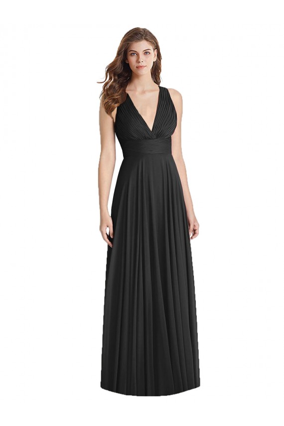 Schwarz A-Linien V-Ausschnitt Chiffon Lange Brautjungfernkleider Ausverkauf