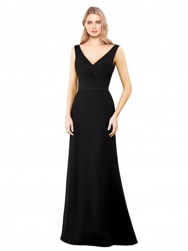Schwarz A-Linien V-Ausschnitt Chiffon Lange Brautjungfernkleider / Abiballkleider Ausverkauf