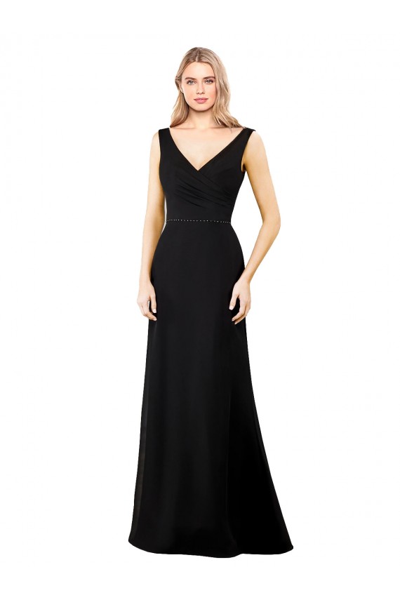 Schwarz A-Linien V-Ausschnitt Chiffon Lange Brautjungfernkleider / Abiballkleider Ausverkauf