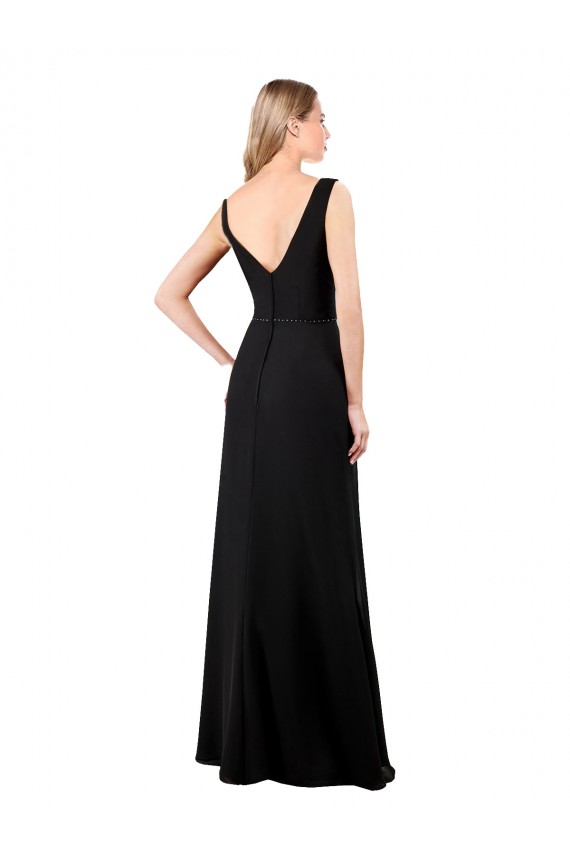 Schwarz A-Linien V-Ausschnitt Chiffon Lange Brautjungfernkleider / Abiballkleider Ausverkauf