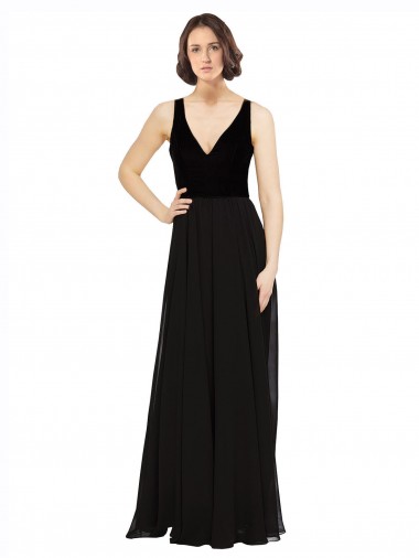 Schwarz A-Linien V-Ausschnitt Chiffon Samt Lange Brautjungfernkleider / Abiballkleider Ausverkauf